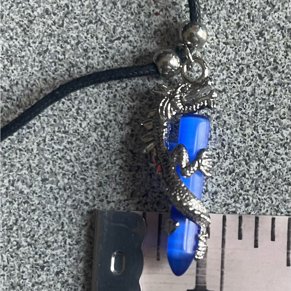 Silver Toned Dragon Blue Crystal Pendant Rope Necklace - Picture 8 of 8